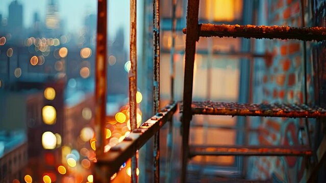A rusted fire escape clings to the side of a dilapidated building leading up to a small empty balcony. In the background however the bright lights of a bustling city street