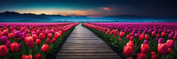 Tuinposter Beautiful panoramic night colorful tulips field landscape with wooden path nature banner poster background backdrop from Generative AI © SevenThreeSky