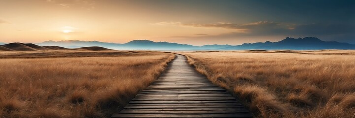 Beautiful panoramic night dried grass lands landscape with wooden path nature banner poster background backdrop from Generative AI - obrazy, fototapety, plakaty