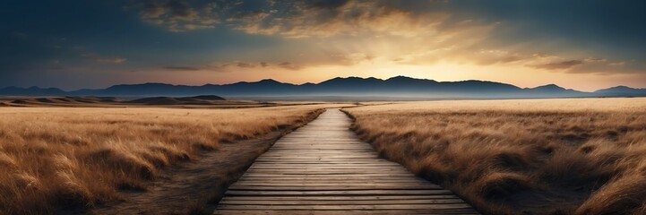 Beautiful panoramic night dried grass lands landscape with wooden path nature banner poster background backdrop from Generative AI - obrazy, fototapety, plakaty