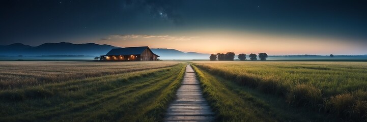 Beautiful panoramic night farm fields landscape with wooden path nature banner poster background backdrop from Generative AI