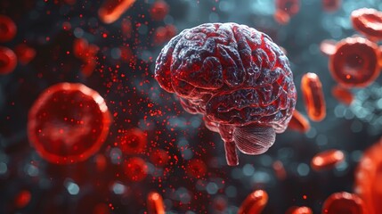3D Illustration : Human brain anatomy on red blood cells background