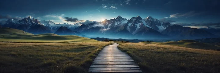 Draagtas Beautiful panoramic night mountain landscape with wooden path nature banner poster background backdrop from Generative AI © SevenThreeSky