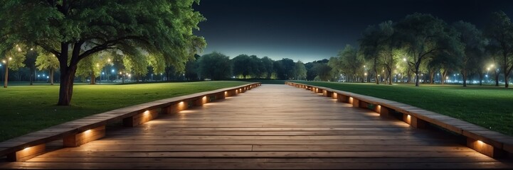 Beautiful panoramic night park landscape with wooden path nature banner poster background backdrop from Generative AI
