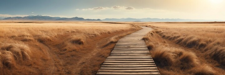 Beautiful panoramic sunny dried grass lands landscape with wooden path nature banner poster background backdrop from Generative AI - obrazy, fototapety, plakaty