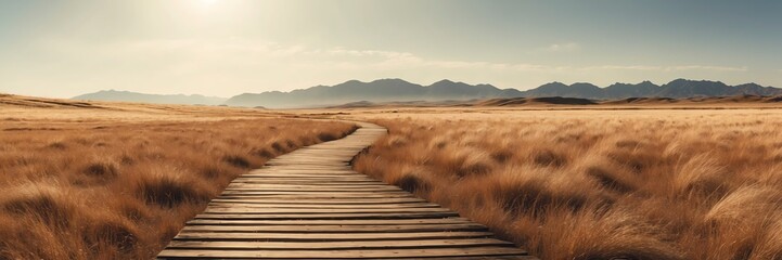 Beautiful panoramic sunny dried grass lands landscape with wooden path nature banner poster background backdrop from Generative AI - obrazy, fototapety, plakaty