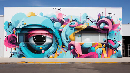 A cacophony of colors and shapes come alive in a street art mural, where graffiti-style lettering and abstract forms collide to create a visually stunning masterpiece.