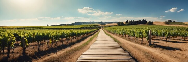 Fototapeta na wymiar Beautiful panoramic sunny vineyard landscape with wooden path nature banner poster background backdrop from Generative AI