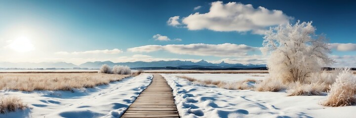 Beautiful panoramic sunny winter landscape with wooden path nature banner poster background backdrop from Generative AI