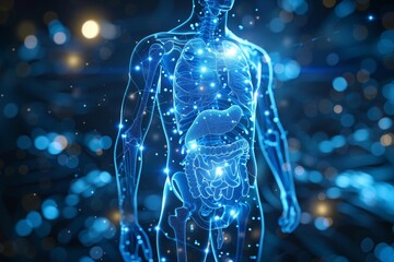 3D Illustration : Human digestive system anatomy on blue color medical background - obrazy, fototapety, plakaty