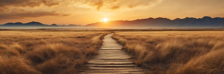 Beautiful panoramic sunset dried grass lands landscape with wooden path nature banner poster background backdrop from Generative AI - obrazy, fototapety, plakaty