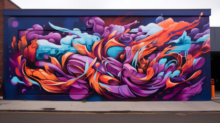 A street art mural pulsating with life and movement, featuring bold graffiti-style lettering and dynamic abstract shapes that breathe new life into the city streets.