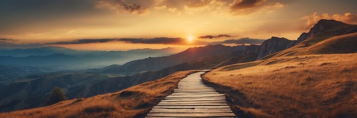 Beautiful panoramic sunset mountain cliff landscape with wooden path nature banner poster background backdrop from Generative AI