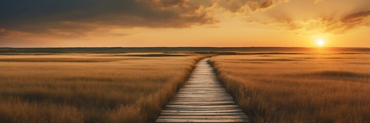Beautiful panoramic sunset prairie grass lands landscape with wooden path nature banner poster background backdrop from Generative AI