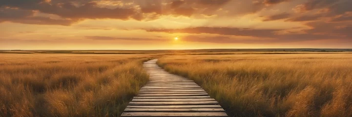 Foto op Canvas Beautiful panoramic sunset prairie grass lands landscape with wooden path nature banner poster background backdrop from Generative AI © SevenThreeSky