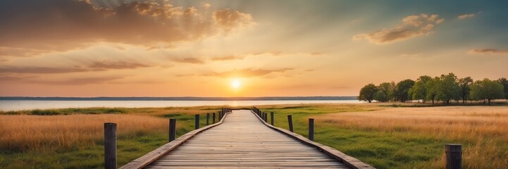 Fototapeta na wymiar Beautiful panoramic sunset park landscape with wooden path nature banner poster background backdrop from Generative AI