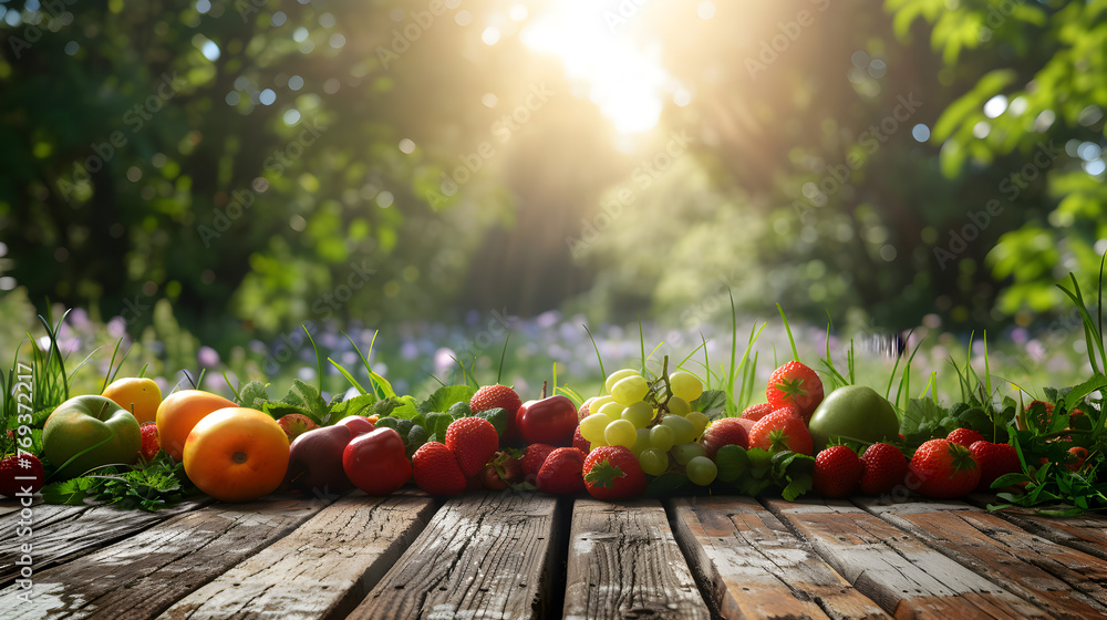 Wall mural Farm wood nature field fruit table product grass garden background stand green food. Nature wood landscape morning farm outdoor sky podium forest stump beauty sun scene platform view beautiful trunk