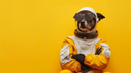 funny dog with glasses dressed as an astronaut, minimalism, copy space for text, yellow color background. Banner for Cosmonautics Day  - obrazy, fototapety, plakaty