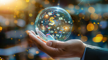 Fototapeta premium Businessman Holding Crystal Globe with Floating Currency Symbols