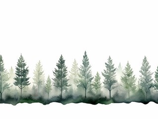 Watercolor Tree Line with Holly on White Background in Dark Green and Light Gray Xmaspunk Style Generative AI