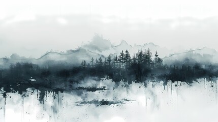 landscape shrouded in rain and mist drawn with a brush illustration abstract background decorative painting