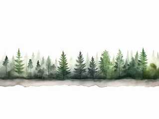 Watercolor Tree Line on White Background with Dark Green and Light Gray Tones in Xmaspunk Style Generative AI