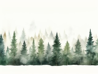 Watercolor Tree Line: Ponderosa Pines in Dark Green and Light Gray on White Background in Christmas Punk Style Generative AI