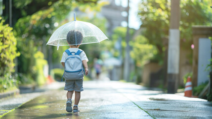 晴れた日に傘を差して歩く幼い男の子の白姿