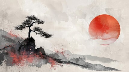 A watercolor painting captures a lone tree against a pale backdrop with a vibrant red sun, background, wallpaper. Japanese style.