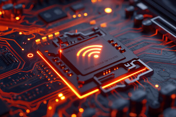 Wifi icon on a circuit board or motherboard. Network connection. Futuristic and technology concept. Neon lights. 3D render. 