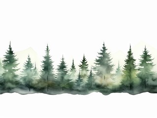Watercolor Tree Line of Yew on White Background in Dark Green and Light Gray Xmaspunk Style Generative AI