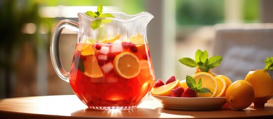 A pitcher of Rangpur citrus iced tea with fruit slices is sitting on a table, ready to be enjoyed as a refreshing drink on a hot day - obrazy, fototapety, plakaty