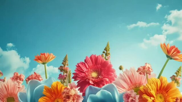 A vibrant display of flowers under a blue sky, evoking feelings of spring and nature.