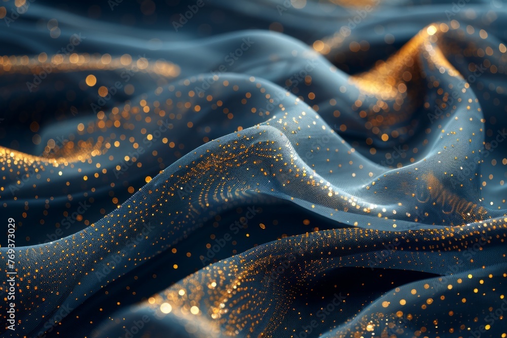 Poster a detailed view of a textured blue and gold fabric with intricate patterns and color variations.