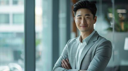 Smiling elegant confident young professional Korean business man , male proud leader, smart Asian businessman lawyer or company manager executive looking at camera standing in office