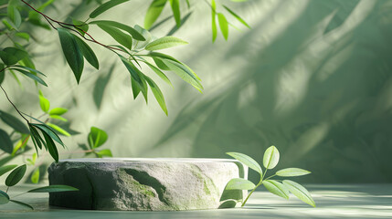 Green background podium product platform for nature beauty cosmetic stage scene. Abstract rock podium pedestal mockup with green leaf shadow. Photography showcase fresh banner 