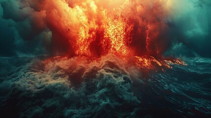 Underwater volcano eruption with flowing lava, vivid colors, detailed closeup ,ultra HD,clean sharp focus - obrazy, fototapety, plakaty