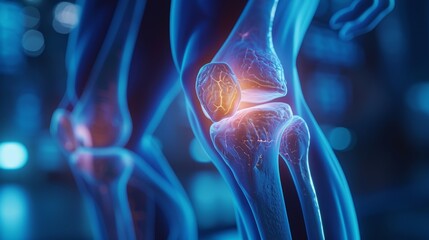 3D Illustration : Human knee anatomy on medical background - obrazy, fototapety, plakaty
