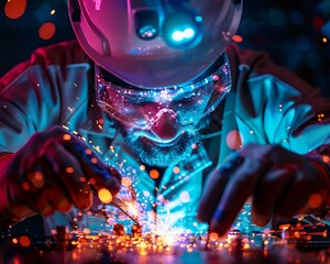Electrician with tools performing work, vibrant electrical sparks, closeup shot ,3DCG,high resulution