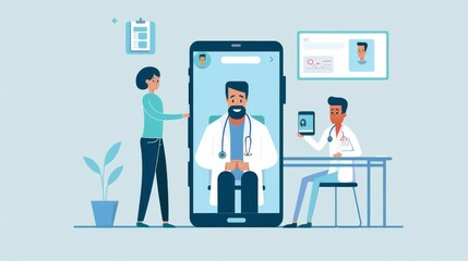 Flat design illustration of telehealth services with a large smartphone depicting a doctor, a patient interacting, and medical records in the background.