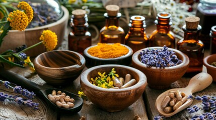 A diverse array of herbal medicine ingredients and natural supplements displayed in wooden bowls and bottles, highlighting holistic health practices. - 769373451