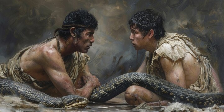 A captivating painting depicting two men from biblical times holding a snake in their hands, reminiscent of the story of Adam and Eve. The scene exudes mystery and intrigue.