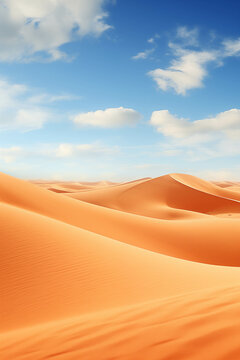 Rolling orange sand dunes stretch under a fiery sunset sky in this vast, dry desert landscape.