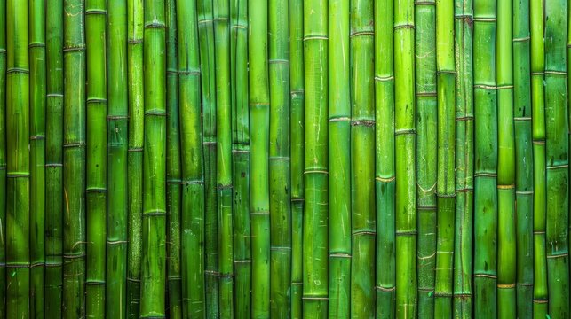 Detailed view of a tall and sustainable bamboo wall in the backdrop, showcasing the vibrant green hues and natural texture, background, wallpaper