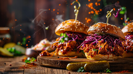Sumptuous pulled pork burgers with rich slaw and vibrant spices sprinkled, served on a wooden surface - obrazy, fototapety, plakaty