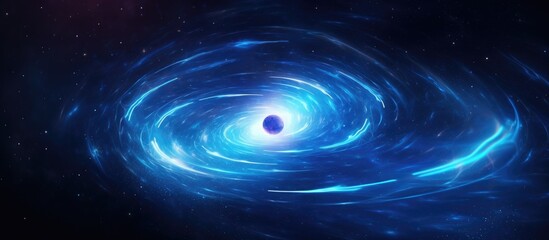 An astronomical object known as a black hole is situated in the center of a blue galaxy in space, surrounded by electric blue gas and forming a captivating celestial event