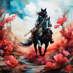 This gun-slinger feline exudes an air of determination and skill as he grips his reigns tightly and adjusts his hat. The backdrop is a blend of rich alcohol ink colors, creating a sense of movement an - obrazy, fototapety, plakaty