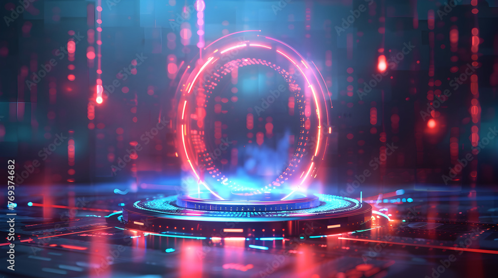 Poster podium light hologram tech technology background portal circle cyberpunk effect digital. game elemen