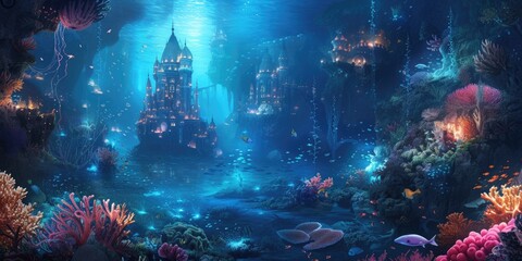 Fototapeta na wymiar An underwater city with bioluminescent coral, schools of colorful fish, and ancient ruins, all illuminated by the eerie glow of an underwater volcano. Resplendent.