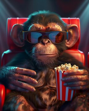 Tearyeyed monkey with 3D glasses, popcorn in lap, movie ending scene, vibrant cartoon , ultra HD